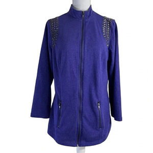 Roamans Purple Full Zip Sweater Size Medium Studded Metal Rhinestones Bling Knit